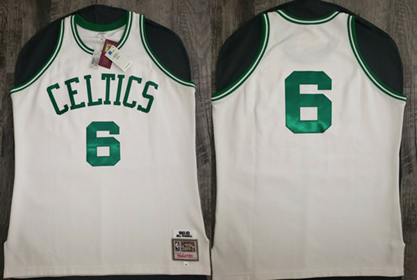 Men's Boston Celtics #6 Bill Russell 1962-63 White Throwback Stitched Jersey